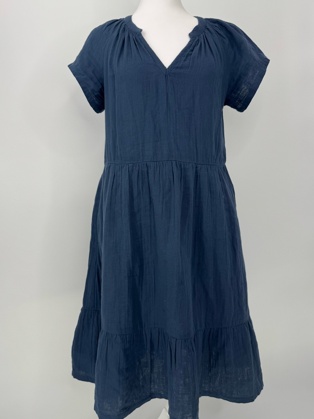 Pact French Navy Blue V-Neck Short Sleeve 100% Cotton Dress, Size XS